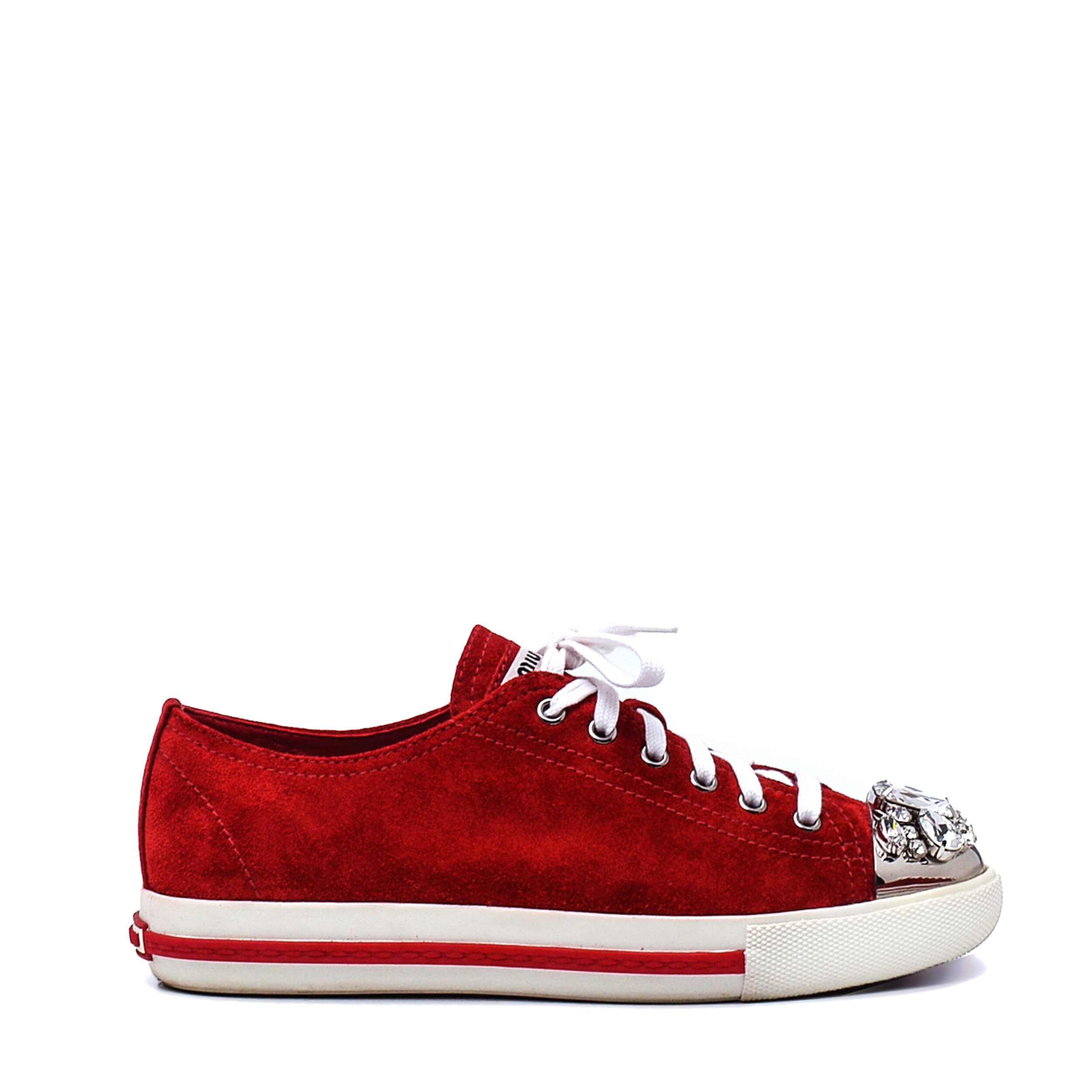 Miu Miu - Red Suede Crystal Studded Sneakers /38